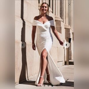 David's Bridal off shoulder lace wedding dress